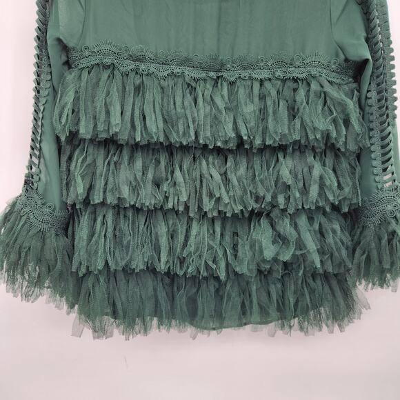 Mod X Evergreen Mesh Ladder Lace Sleeve Keyhole Back Tiered Tulle Top Women's XS - Picture 9 of 12